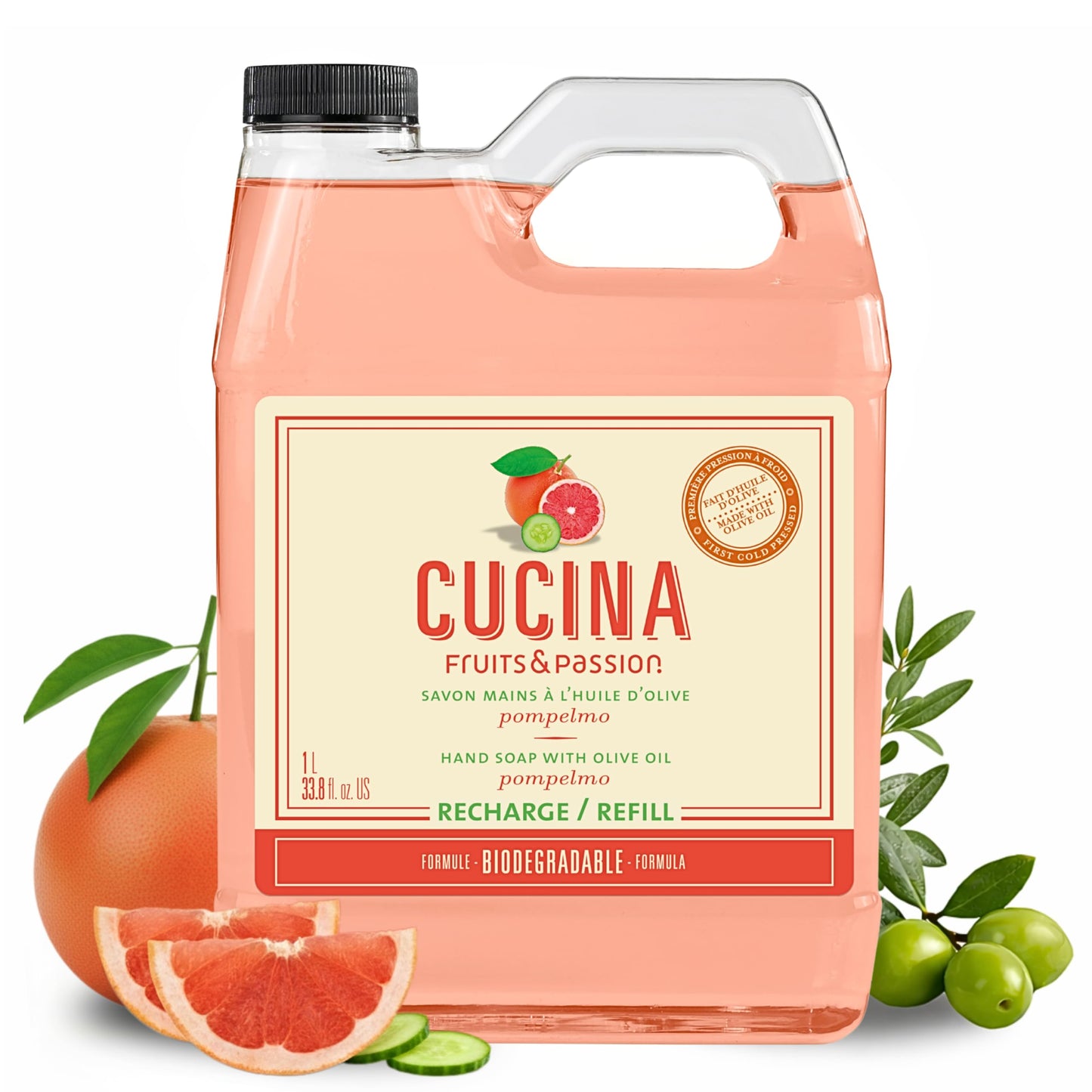 Cucina Fruits & Passion Hand Soap Refill, Pompelmo, 1 L (33.8 fl oz), Liquid Hand Soap with Moisturizing Olive Oil, Biodegradable, Vegan Formula Beauty & Personal Care Cucina