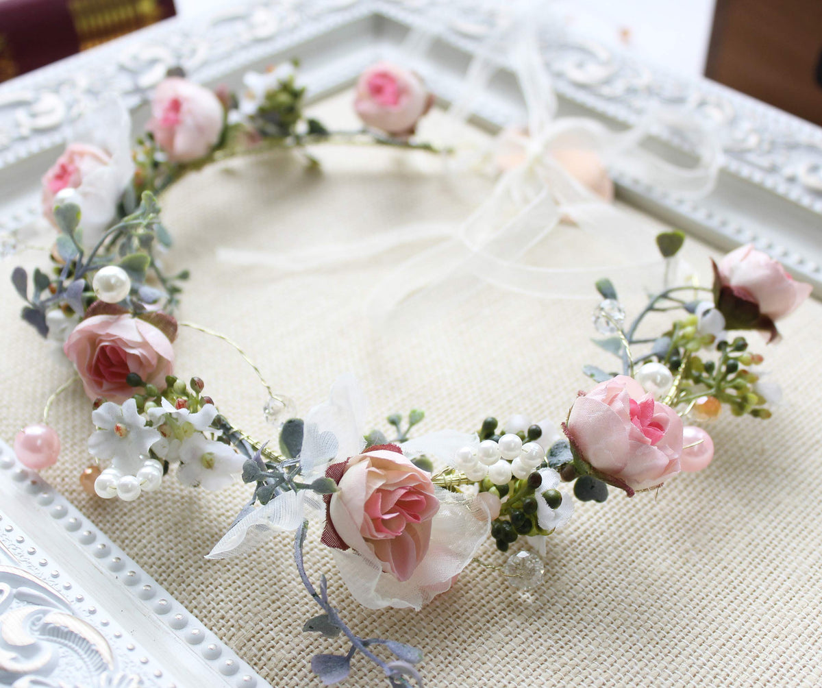 LLinfflr Pearl Flower Crown Floral Garland Headband Halo Headpiece Pink