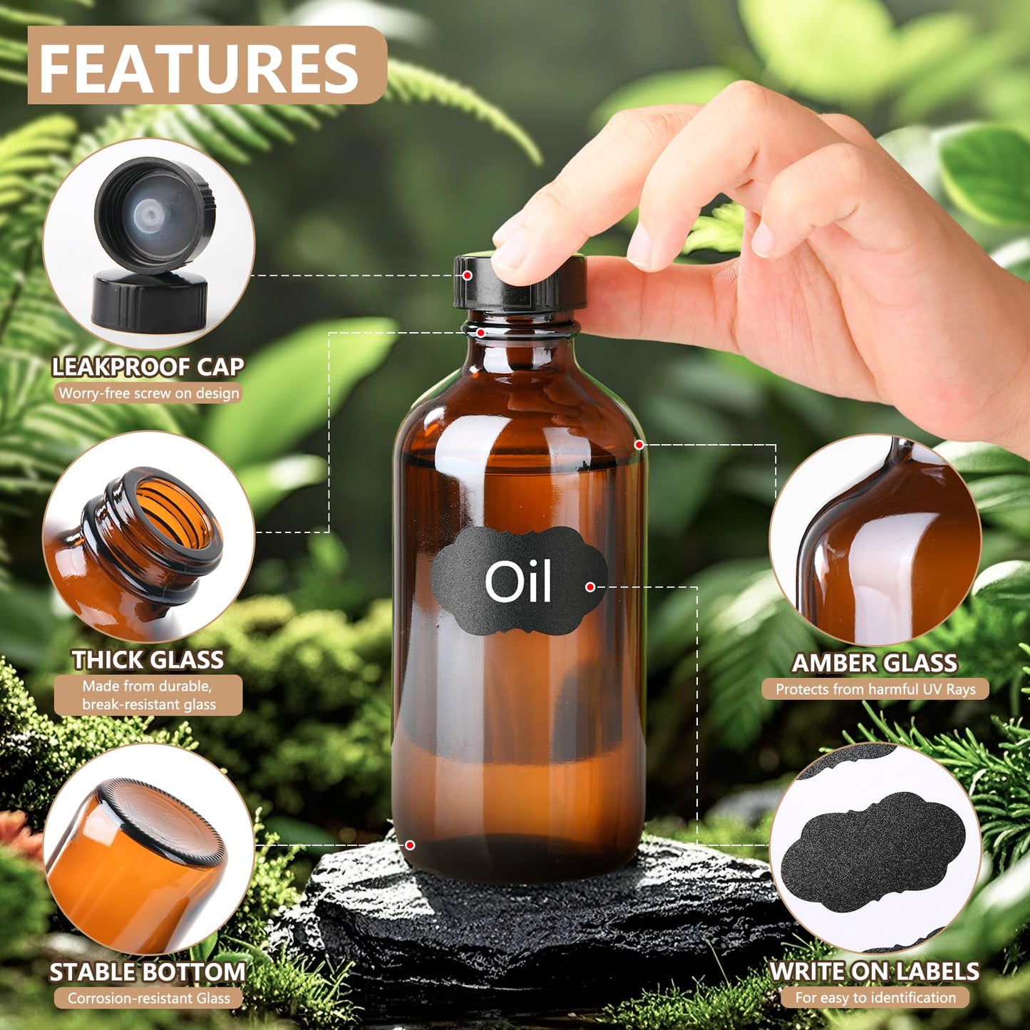 BPFY 12 Pack 8 oz Amber Glass Boston Bottle With Black Poly Cap, Funnel, Chalk Labels, Pen, Dispensing Bottles for Homemade Vanilla Extract, Essential Beauty & Personal Care BPFY