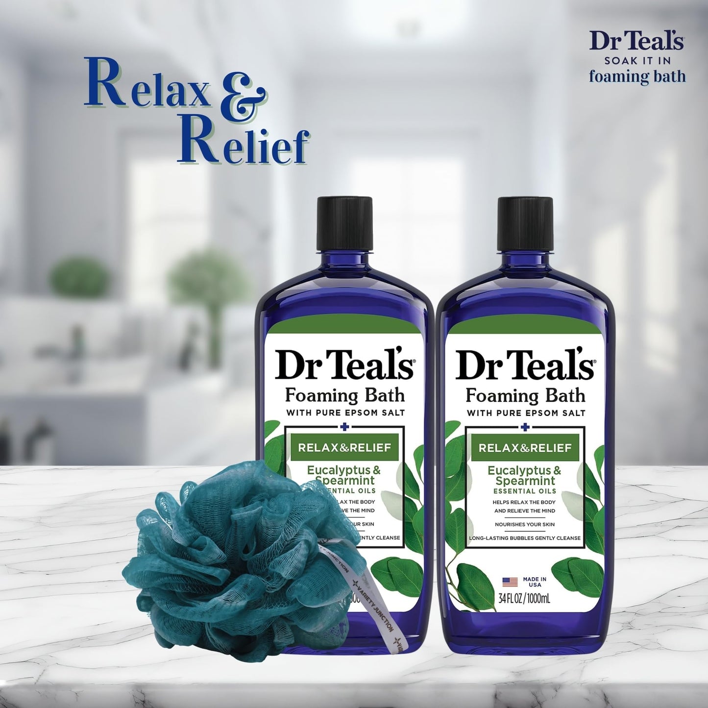 Dr. Teal's Eucalyptus and Spearmint Foaming Bath 34oz Bottles (Pack of 2) with Variety Junction Premium Bath Sponge - Relax and Relief, Bubble Bath Beauty and Personal Care Variety Junction