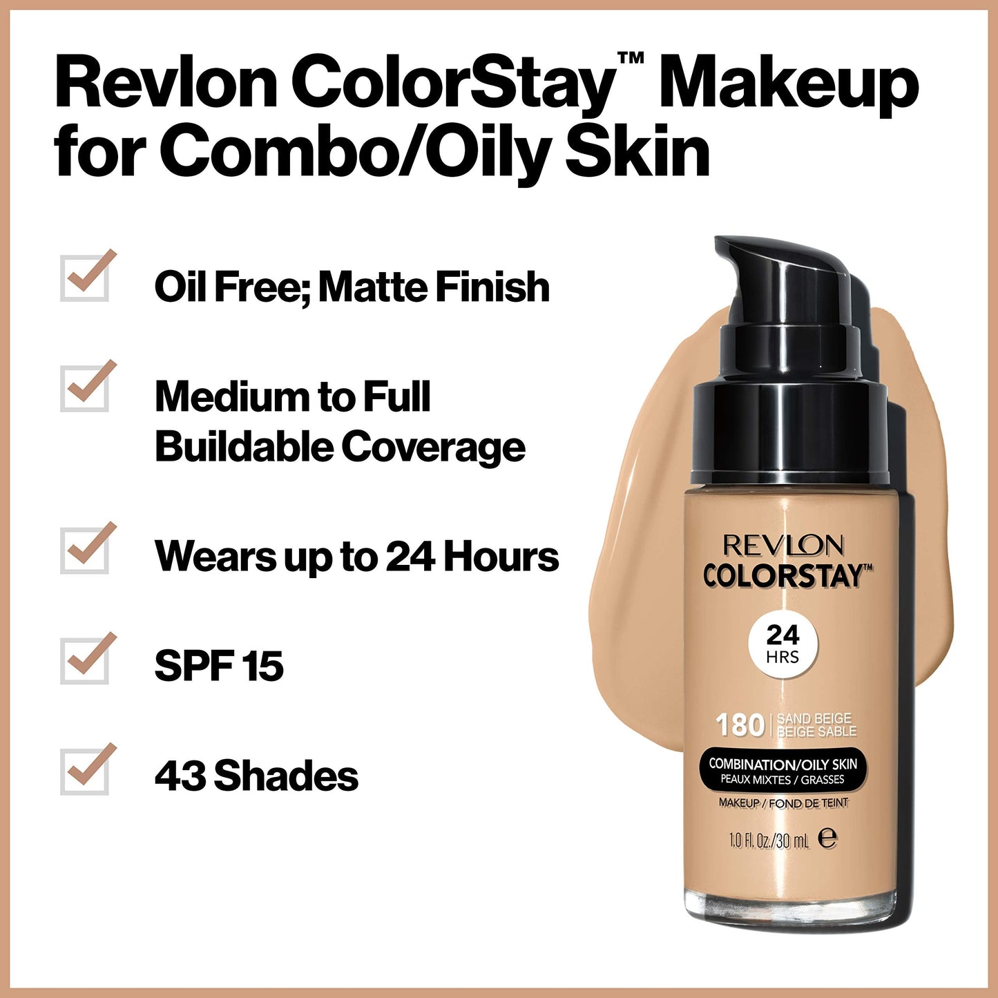 Revlon Liquid Foundation, ColorStay Face Makeup for Combination & Oily Skin, SPF 15, Medium-Full Coverage with Matte Finish, Walnut (500), 1.0 oz Beauty & Personal Care REVLON