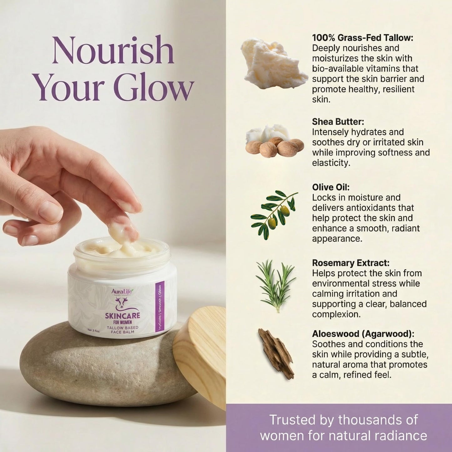 Organic Grass-Fed Beef Tallow for Skin |Hydrating Face & Body Moisturizer with shea butter | Handmade All-Natural moisturizer| Rosemary and Aloeswood Beauty & Personal Care Auralife Natural Wellness
