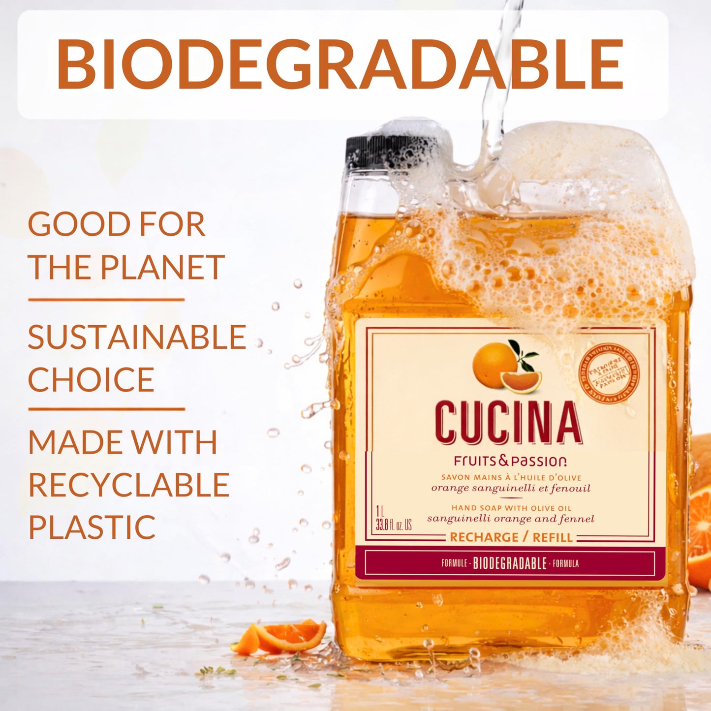 Cucina Fruits & Passion Hand Soap Refill, Orange & Fennel, 1 L (33.8 fl oz), Liquid Hand Soap with Moisturizing Olive Oil, Biodegradable, Vegan Beauty & Personal Care Cucina
