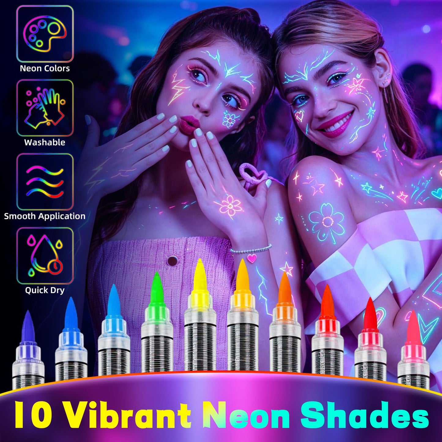 10 Colors Glow in the Dark Body Paint Markers, Neon Face & Body Paint Set, UV Light Reactive Paint for Parties, Halloween, Cosplay, Washable Paint Beauty & Personal Care Gullora