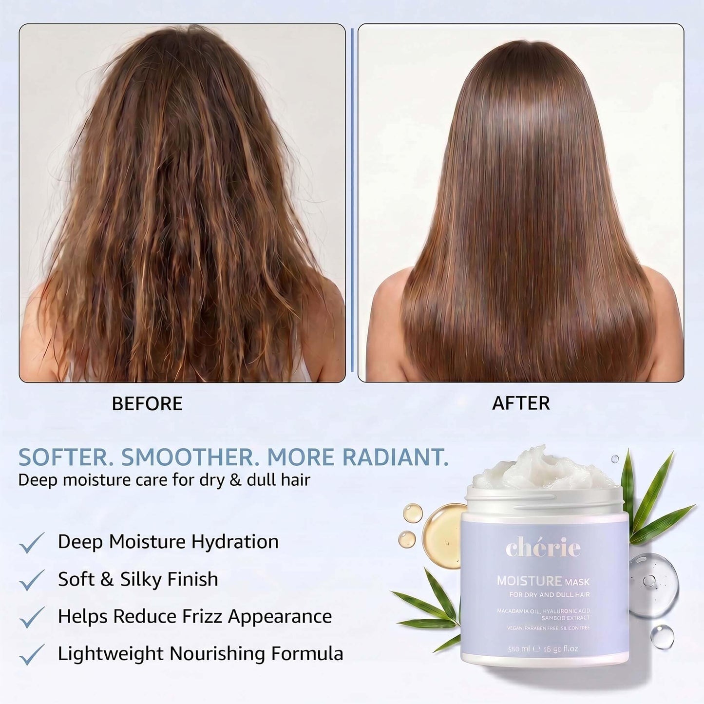 chérie Deep Conditioning Hair Mask with Macadamia Oil, Hyaluronic Acid & Bamboo Extract - Hydrating Hair Mask to Reduce Frizz & Breakage Beauty & Personal Care chérie