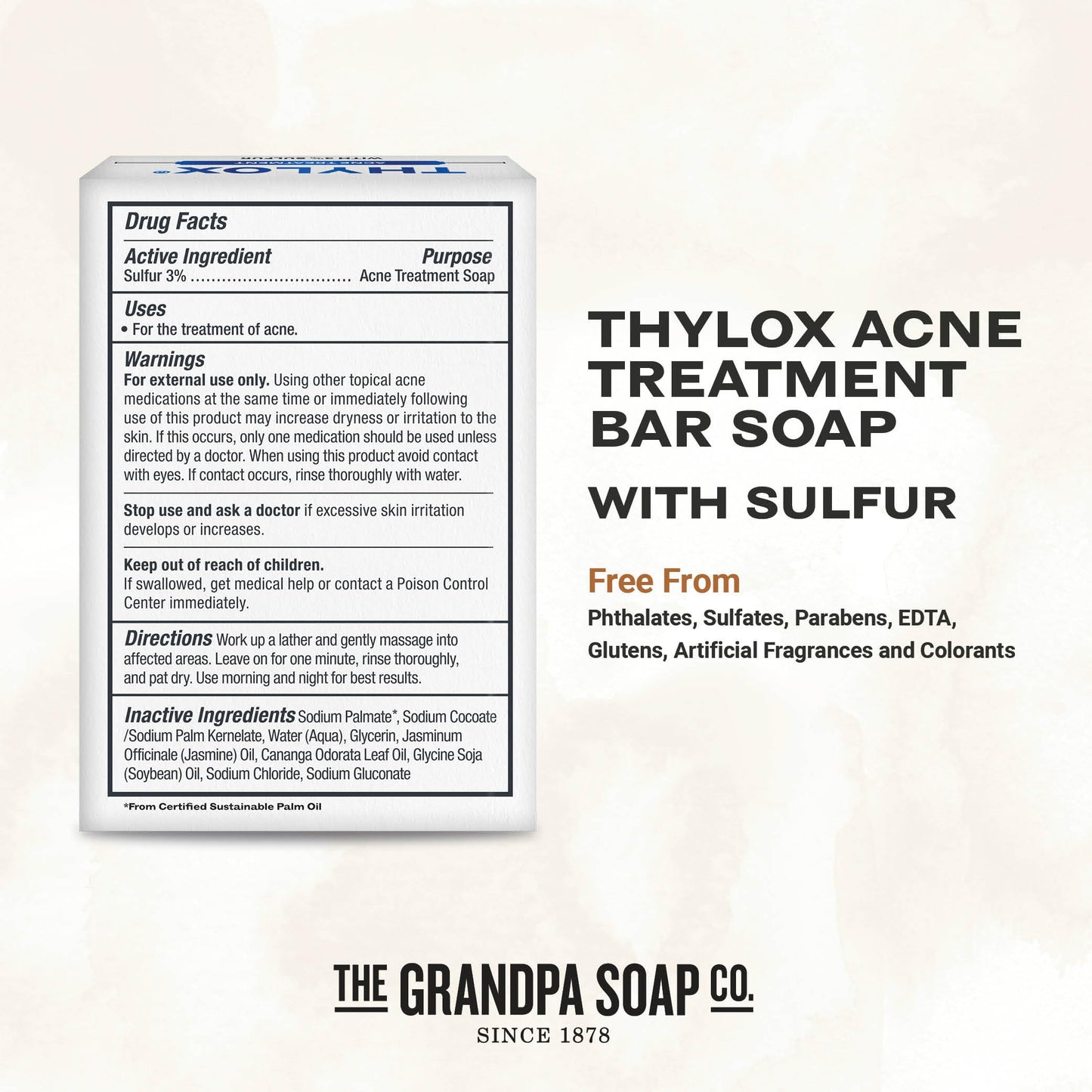 The Grandpa Soap Co. Thylox Acne Treatment Bar Soap - With 3% Natural Sulfur - Prevents and Eliminates breakouts - For Acne Prone Skin - Safe Beauty & Personal Care The Grandpa Soap Company
