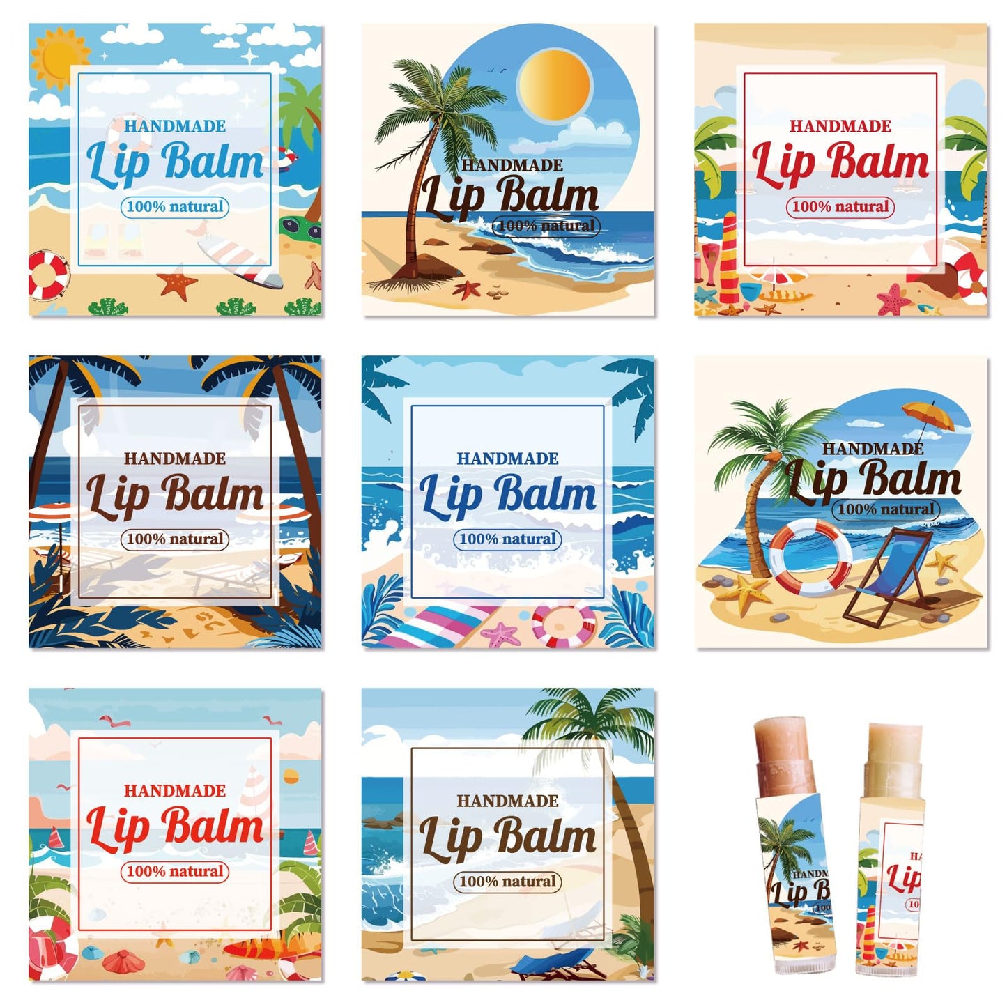 CRASPIRE 80Pcs 8 Styles Lip Balm Wraparound Sticker Summer Sea Beach Sun Coconut Tree Pattern Waterproof Lip Balm Labels Stickers for Lip Balm Tubes Beauty and Personal Care CRASPIRE