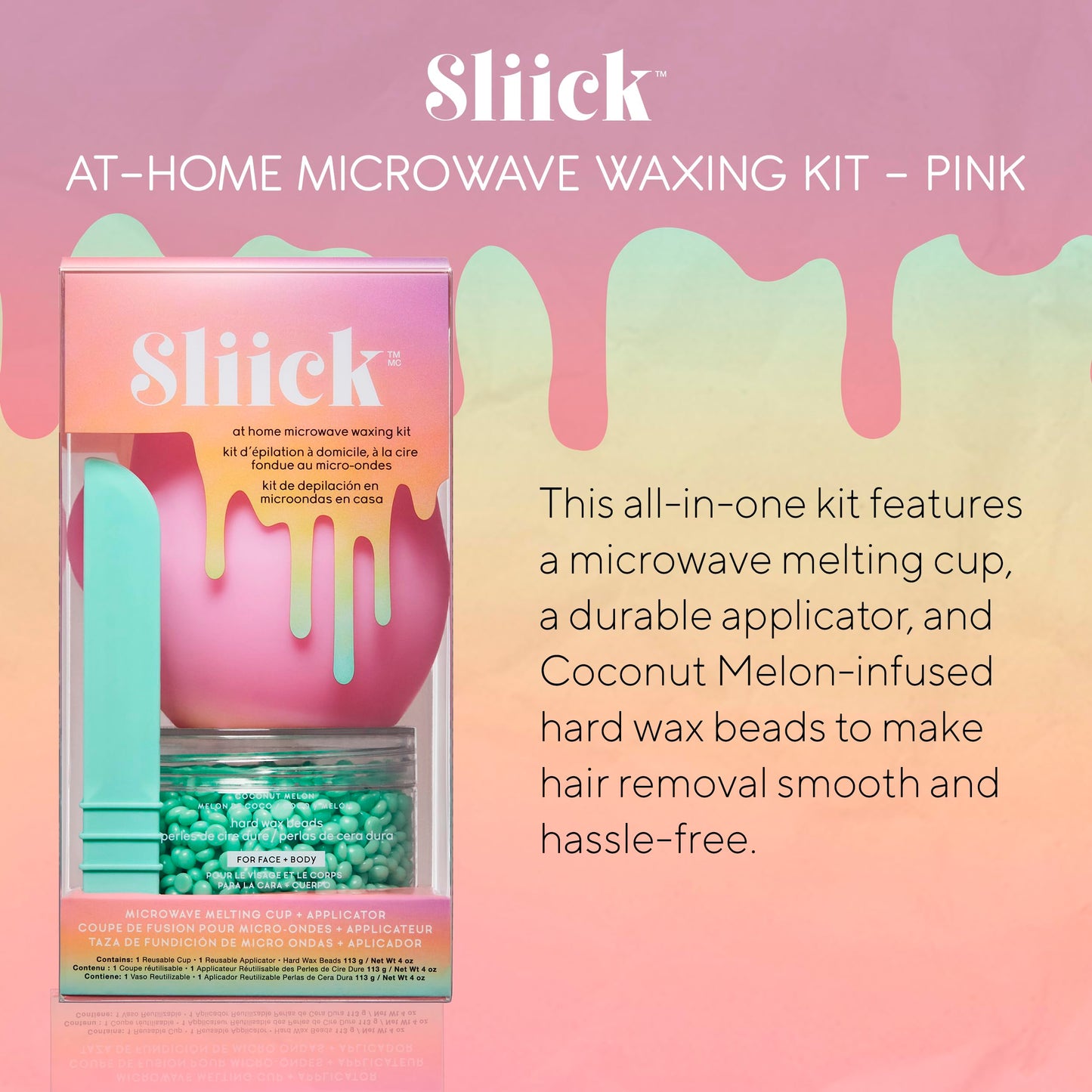 Sliick At Home Waxing Kit for Women, Pink - Coconut Melon, Hard Wax Kit for Hair Removal, Microwave Melting Cup, Applicator & Beads, At Home Wax Set Beauty and Personal Care Sliick