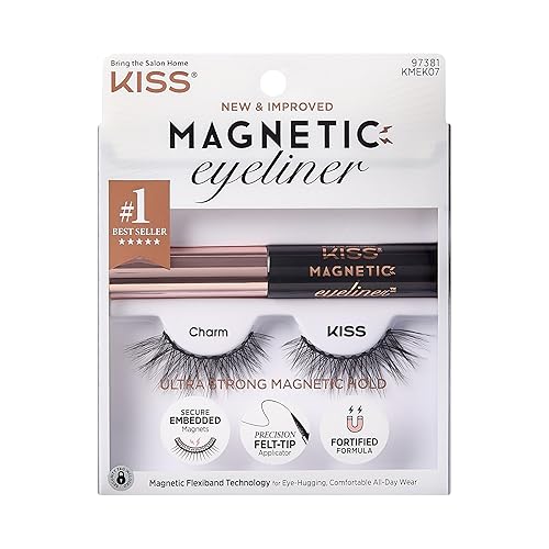 KISS Magnetic False Eyelashes and Eyeliner, ‘Charm’, 12mm, Easy to Apply, Reusable, No Glue, Flexible Band, Precision Felt Tip, Fortified Formula, 1 Beauty & Personal Care KISS