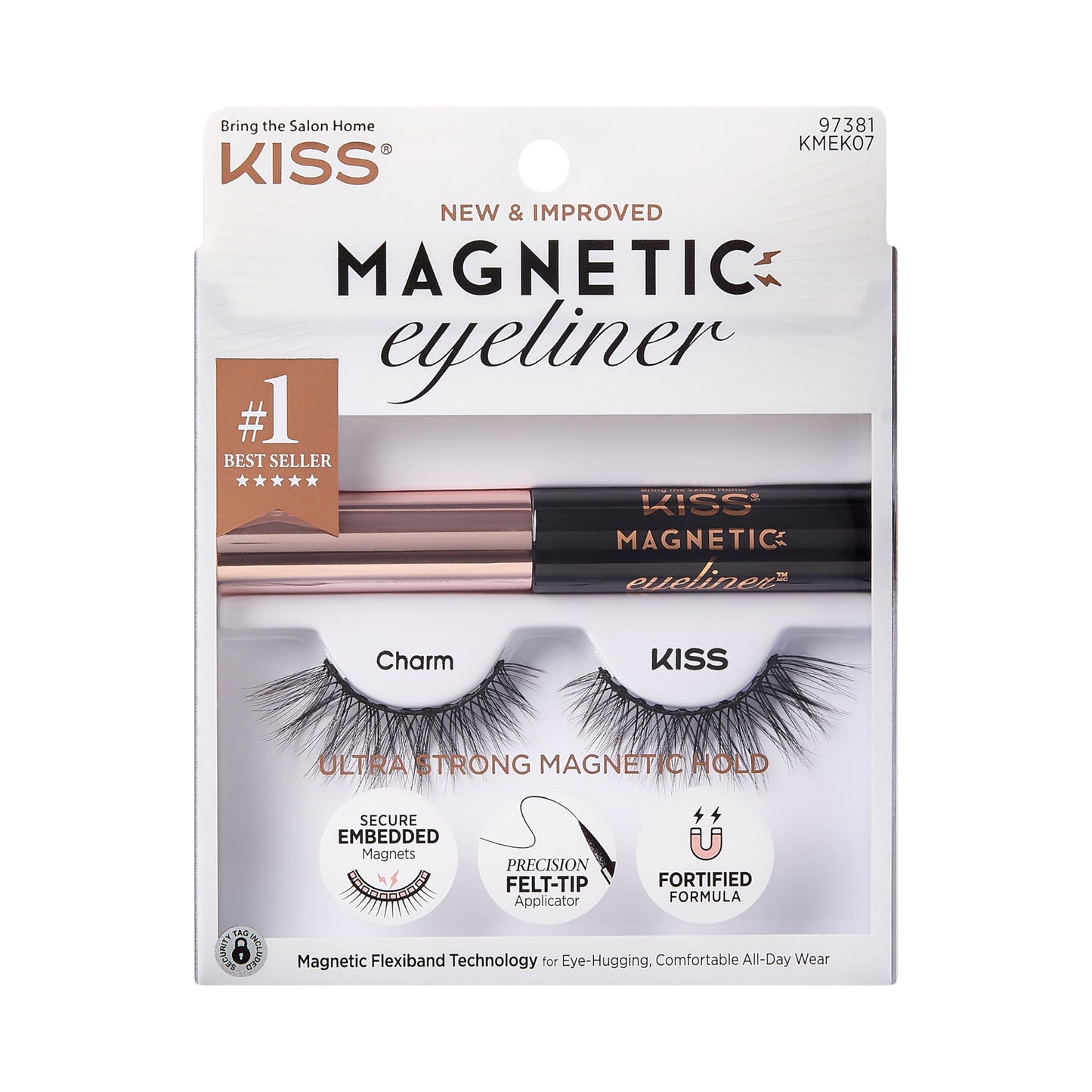 KISS Magnetic False Eyelashes and Eyeliner, ‘Charm’, 12mm, Easy to Apply, Reusable, No Glue, Flexible Band, Precision Felt Tip, Fortified Formula, 1 Beauty & Personal Care KISS