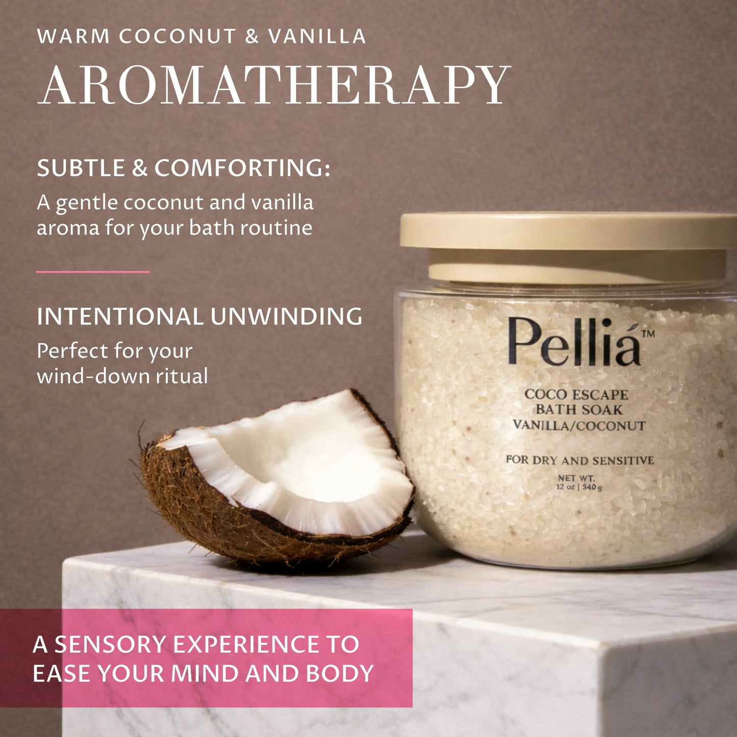 Pelliá Coco Escape Coconut and Vanilla Aromatherapy Bath Soak, Relaxation Support, Skin Softening, Hydrating, Mineral-Rich, for Dry Sensitive Skin Beauty and Personal Care Pelliá