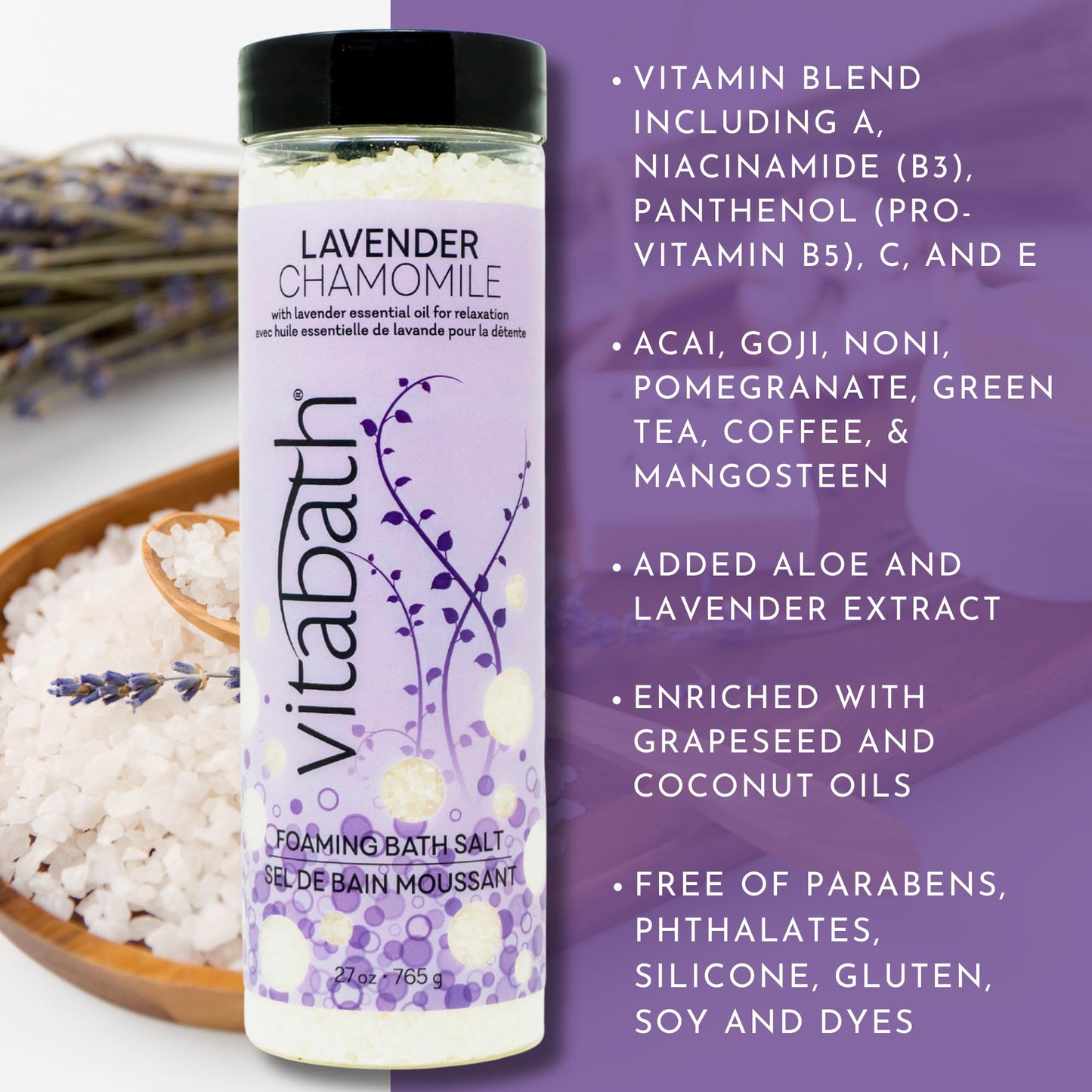 Vitabath Lavender Chamomile Foaming Bath Salts Relaxing Bubble Aromatherapy - Muscle & Body Ache Soothing Foamy Soak & Nourishing Skincare for Women Beauty and Personal Care Vitabath