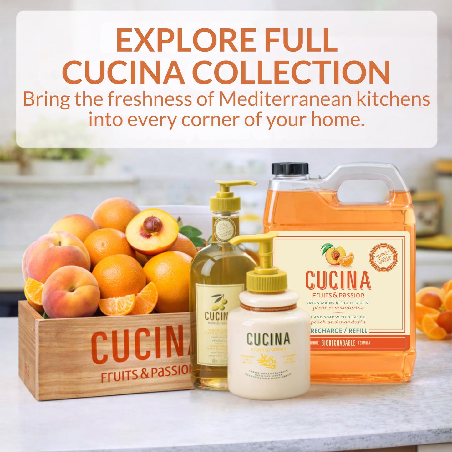 Cucina Fruits & Passion Hand Soap Refill, Peach & Mandarin, 1 L (33.8 fl oz), Liquid Hand Soap with Moisturizing Olive Oil, Biodegradable, Vegan Beauty & Personal Care Cucina