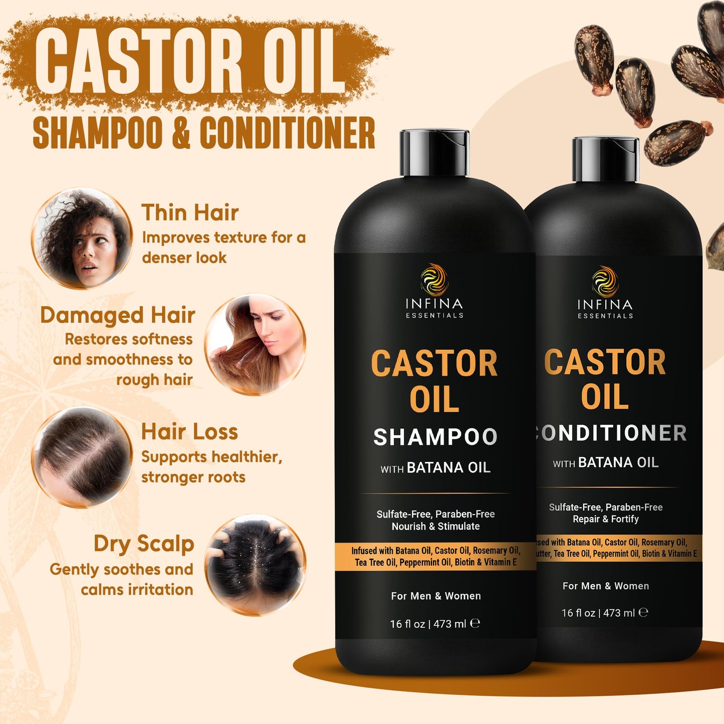 INFINA ESSENTIALS Castor Oil Shampoo and Conditioner Set | 16 fl oz Each | with Batana Oil | Strengthening, Thickening & Hydrating Formula | Supports Beauty & Personal Care INFINA ESSENTIALS