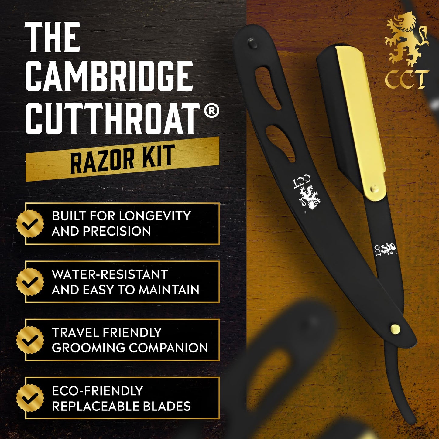 Cambridge Cutthroat Open Blade Razor for Men - Black & Gold Stainless Steel Handle, Swing-Lock Single Edge Cut Throat Razor with Leather Travel Pouch Beauty and Personal Care The Cambridge Cutthroat
