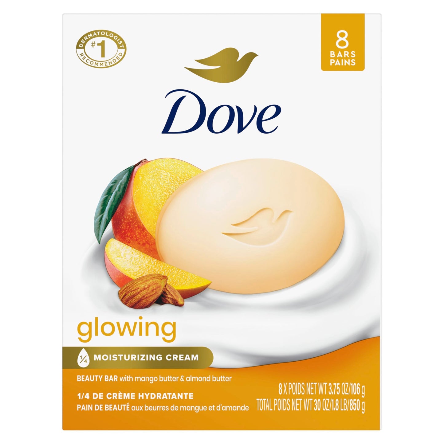 Dove Beauty Bar Soap Glowing Mango & Almond Butters, 8 Bars for Radiant Skin, Illuminates Skin 3.75 oz Beauty & Personal Care Dove