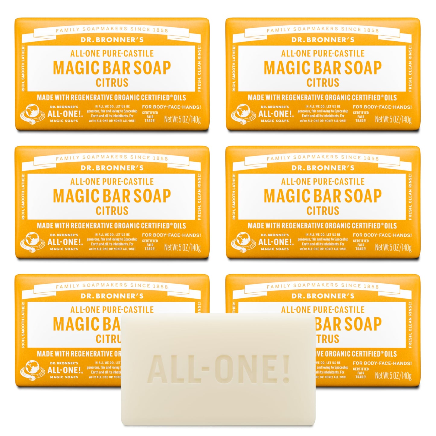 Dr. Bronner's Pure-Castile Magic Soap Bar (Citrus, 5 oz, 6-Pack)- Bath Soap with Regenerative Organic Certified Oils - For Face, Body & Hair - Gentle Beauty & Personal Care Dr. Bronner's