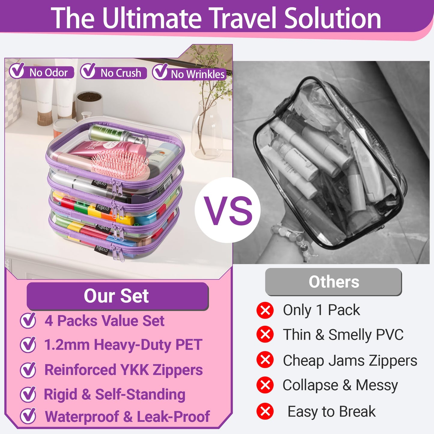 YQBRAO 4-Pack Clear Diaper Bag Organizer Pouches, 1.2mm Ultra-Thick PET Travel Pouches for Toiletries & Makeup, Rigid Self-Standing Bags with YKK Beauty and Personal Care YQBRAO