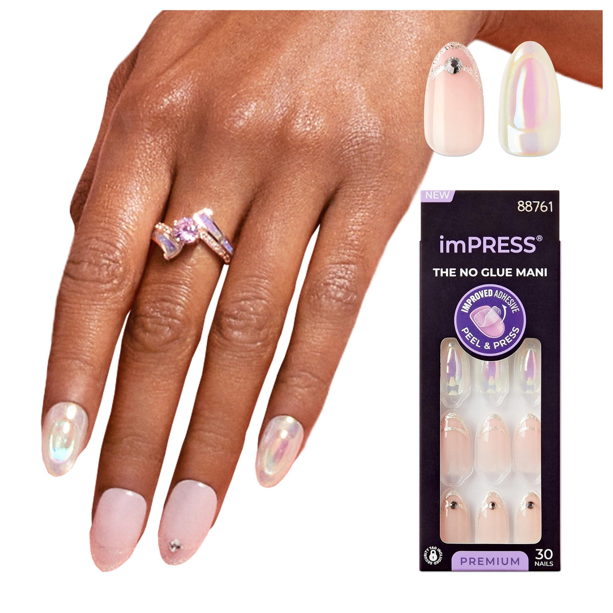 KISS imPRESS Press-On Manicure Premium Collection Fake Nails - All My Love, Pink, Aurora, Medium & Almond Shape, Easy To Apply, Super Hold, Chip