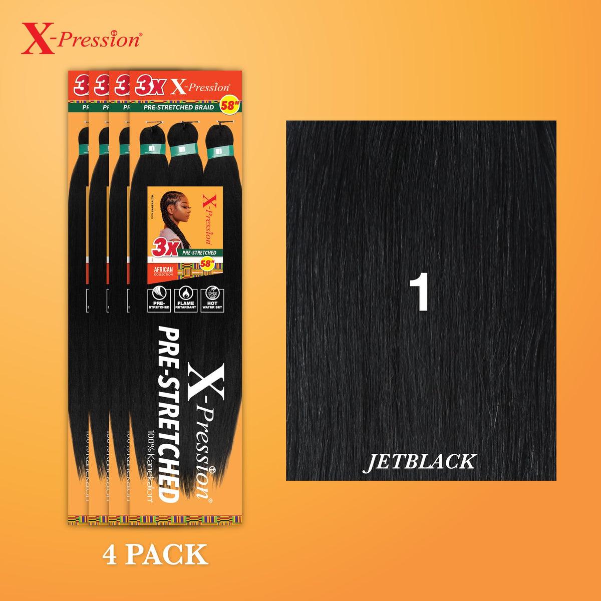 Sensationnel X-Pression Prestretched Braids-3X 58in,4pk 1 JETBLACK