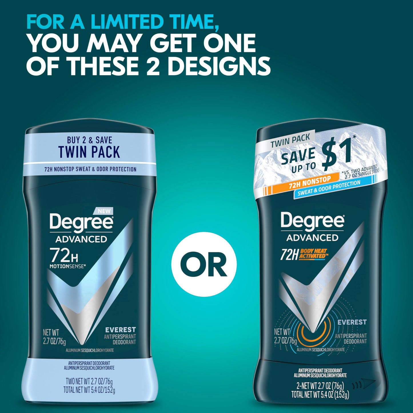 Degree Men Advanced Antiperspirant Deodorant Everest 2 Count 72-Hour Sweat and Odor Protection Antiperspirant For Men With Body Heat Activated Beauty and Personal Care Degree