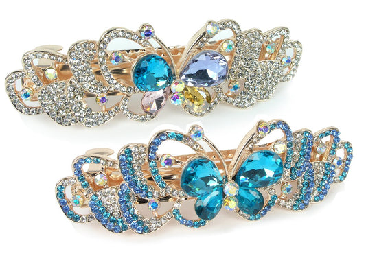 Butterfly Hair Barrettes - Jeweled Clips - Roses - Gold Metal with Rhinestones - Multi-Colored Jewels - 3.5" x 1.25" - Set of 2 Beauty & Personal Care BANBERRY DESIGNS