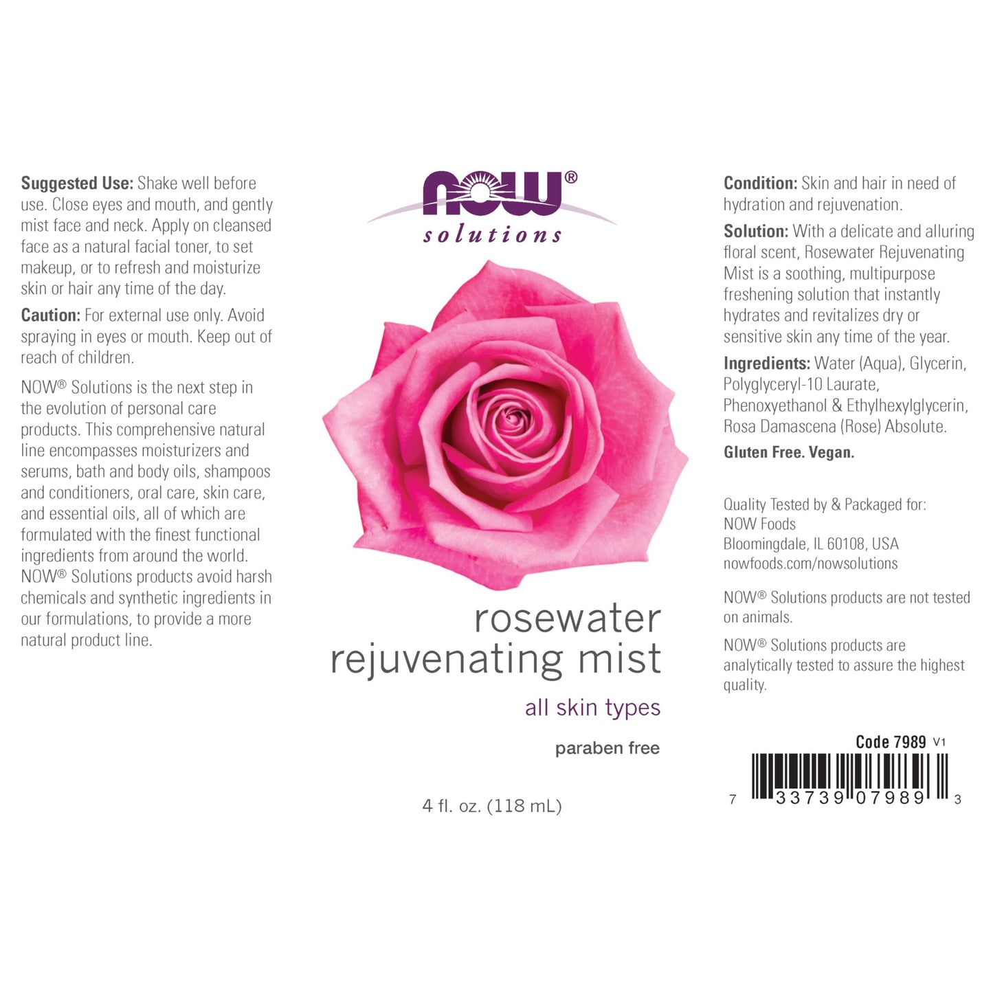 NOW Solutions Rosewater Rejuvenating Mist, Hydration and Rejuvenation Spray for All Skin and Hair Types, 4-Ounce Beauty & Personal Care NOW Foods