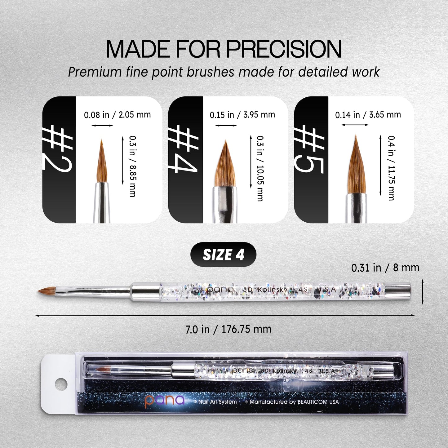 PANA 3D Kolinsky Nail Art Brush - Silver Glitter Handle, Size 4 - Acrylic Nail Art Sculpture Brush for Manicures Pedicure Salon Professional or Beauty & Personal Care PANA