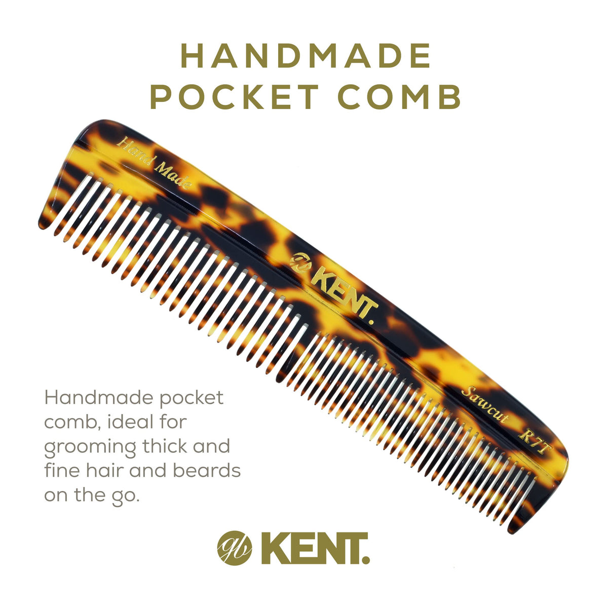 Kent R7T TY Fine and Wide Tooth Hair Comb, Handmade Pocket Comb for Men, Beard and Mustache Combs for Everyday Grooming and Styling, Sawcut Kent