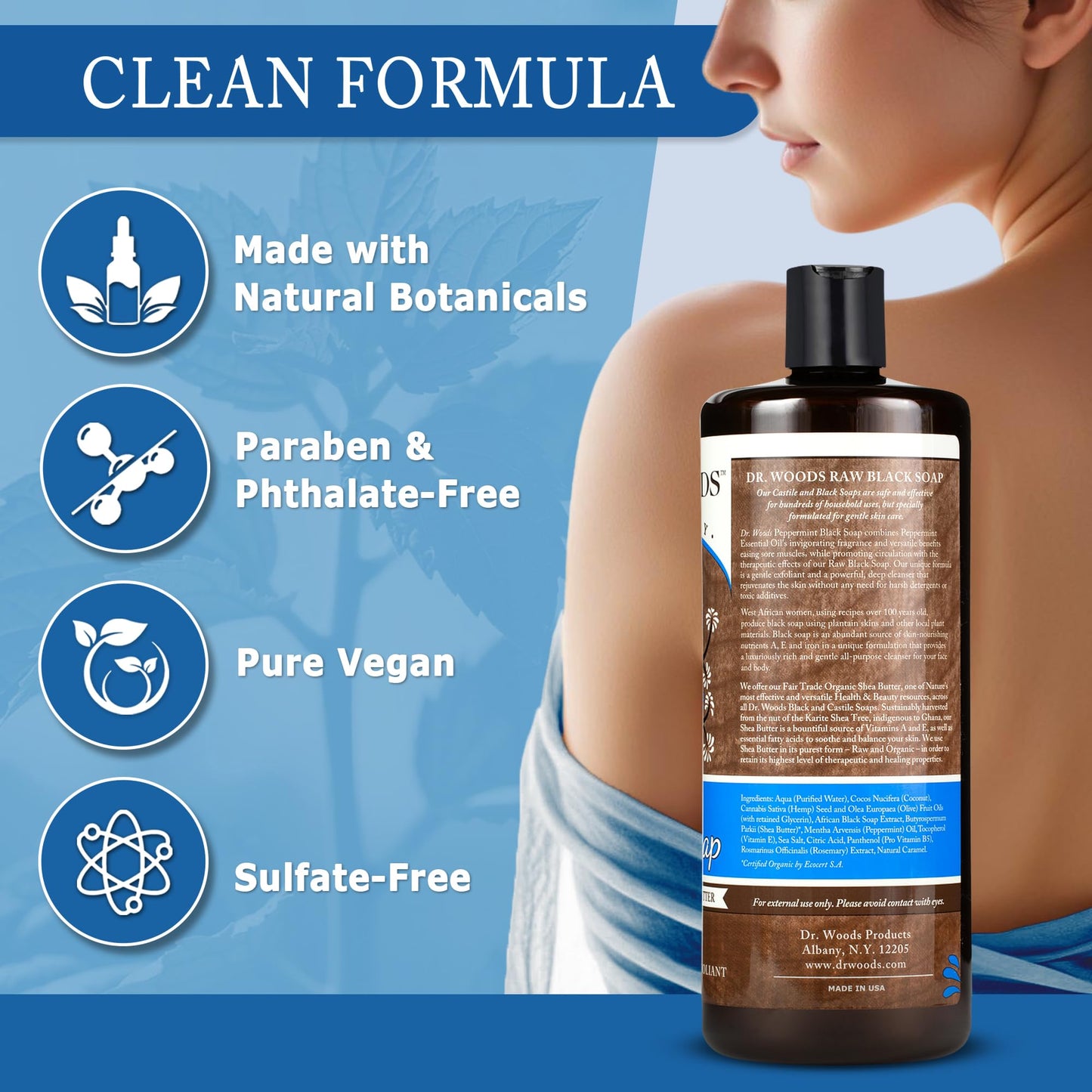 Dr. Woods Raw African Liquid Peppermint Black Soap - Body Wash for Men and Women, Contains Peppermint Oil and Organic Shea Butter, Gentle Exfoliant Beauty & Personal Care Dr. Woods