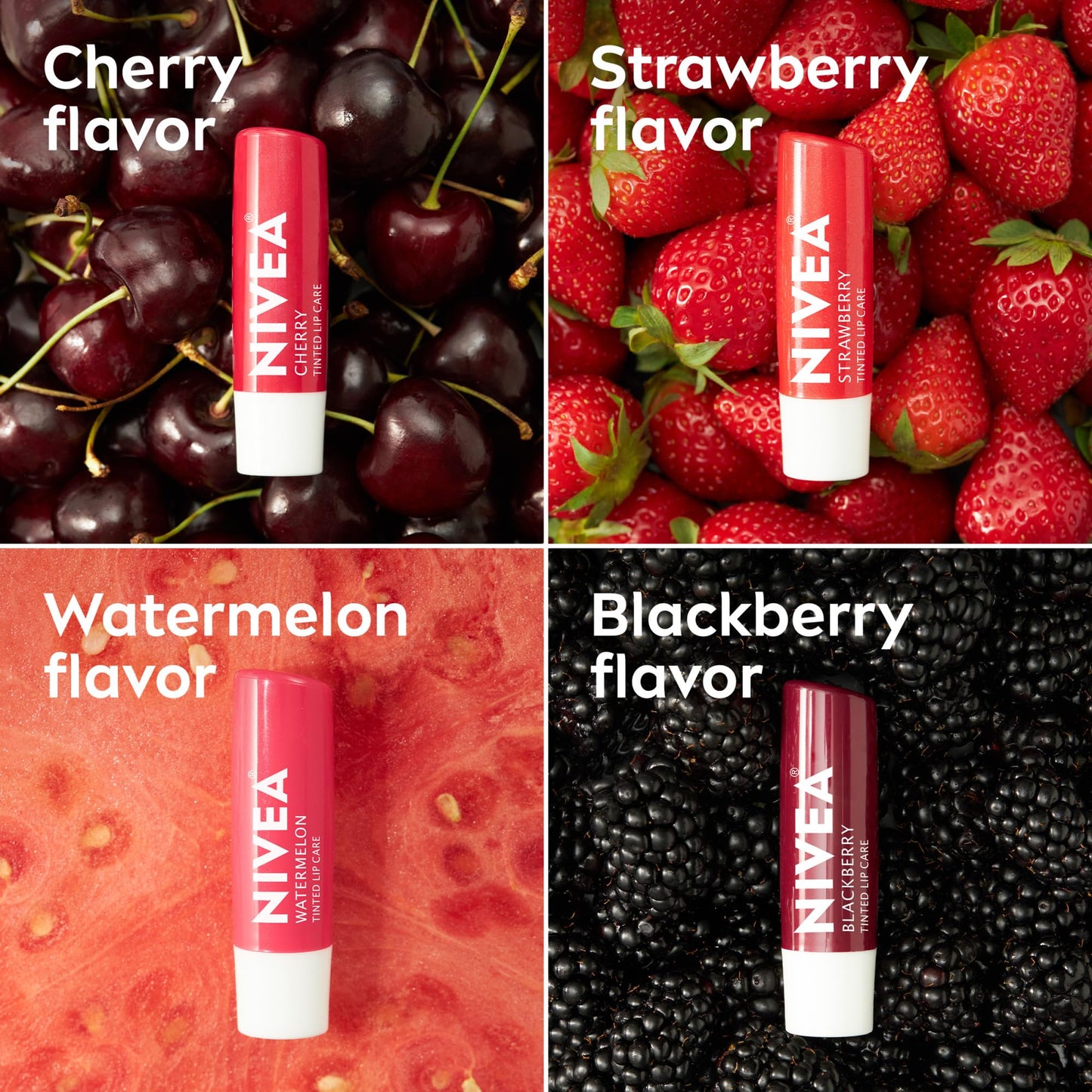 NIVEA Lip Care, Fruity Tinted Lip Balm Variety Pack, Cherry, Strawberry, Blackberry and Watermelon Flavors, 3-in-1 Moisture, Repair and Color, 0.17 Oz Beauty & Personal Care NIVEA