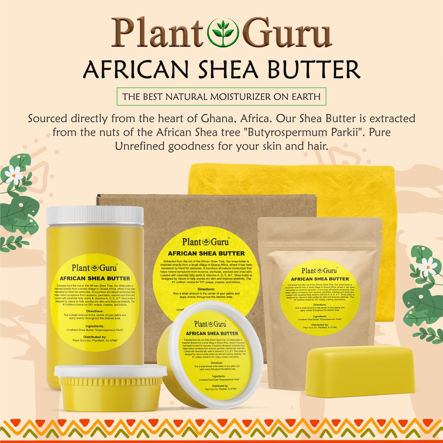 Plant Guru Raw African Shea Butter 32 oz. / 2 lbs. Jar Bulk 100% Pure Natural Unrefined YELLOW - Ideal Moisturizer For Dry Skin, Body, Face And Hair Beauty & Personal Care Plant Guru