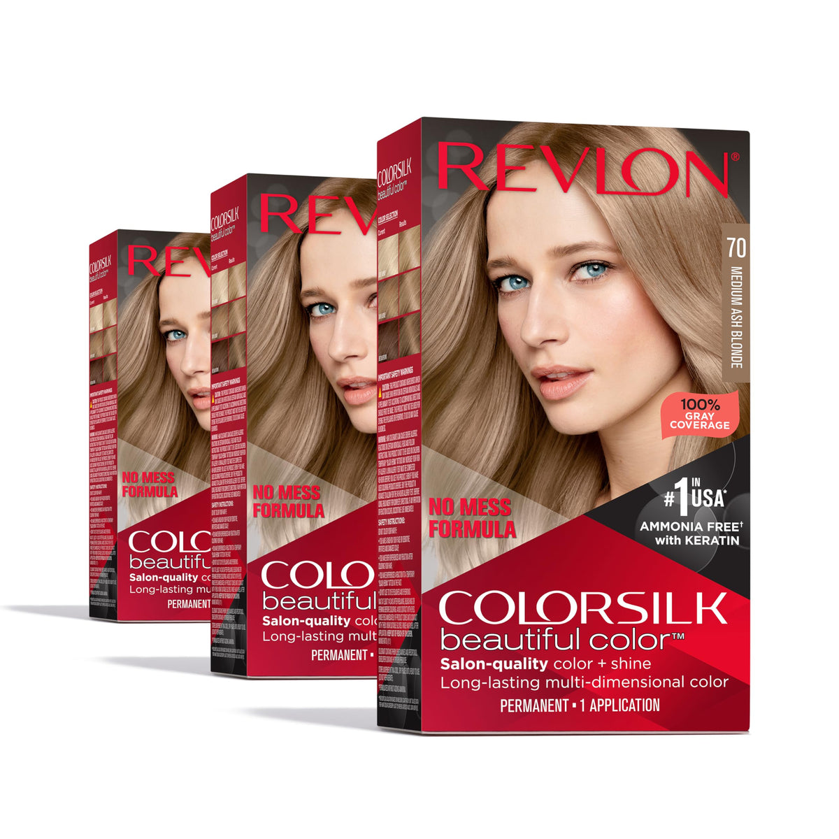 Revlon Colorsilk Beautiful Color Permanent Hair Color, (OLD VERSION) 70 Medium Ash Blonde (Pack of 3) Beauty & Personal Care REVLON