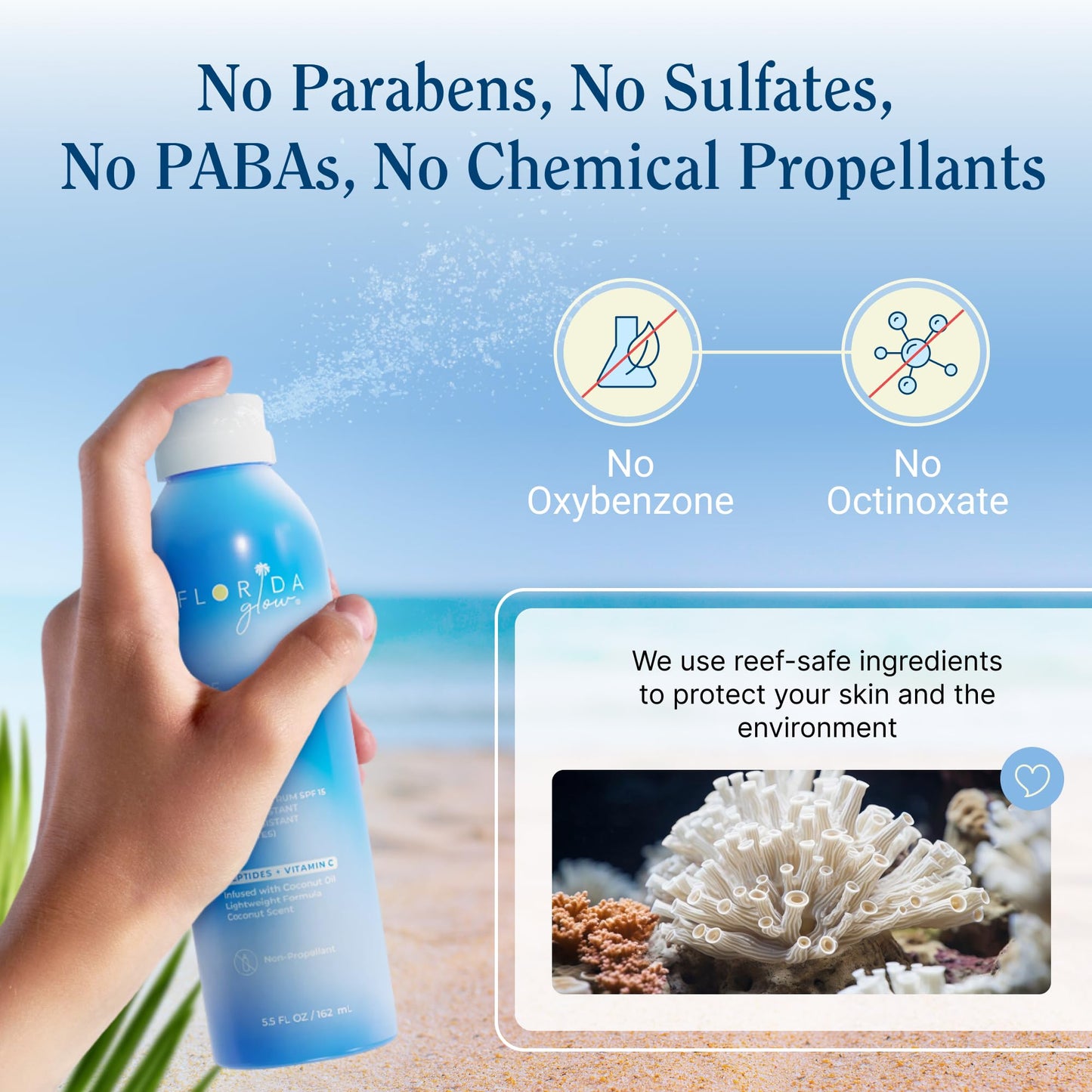 Florida Glow SPF 15 Sunscreen Spray - Hawaii 104 Reef Act & Florida Keys Compliant, Broad Spectrum, Water Resistant - Sun screen protector for face Beauty & Personal Care Florida Salt Scrubs