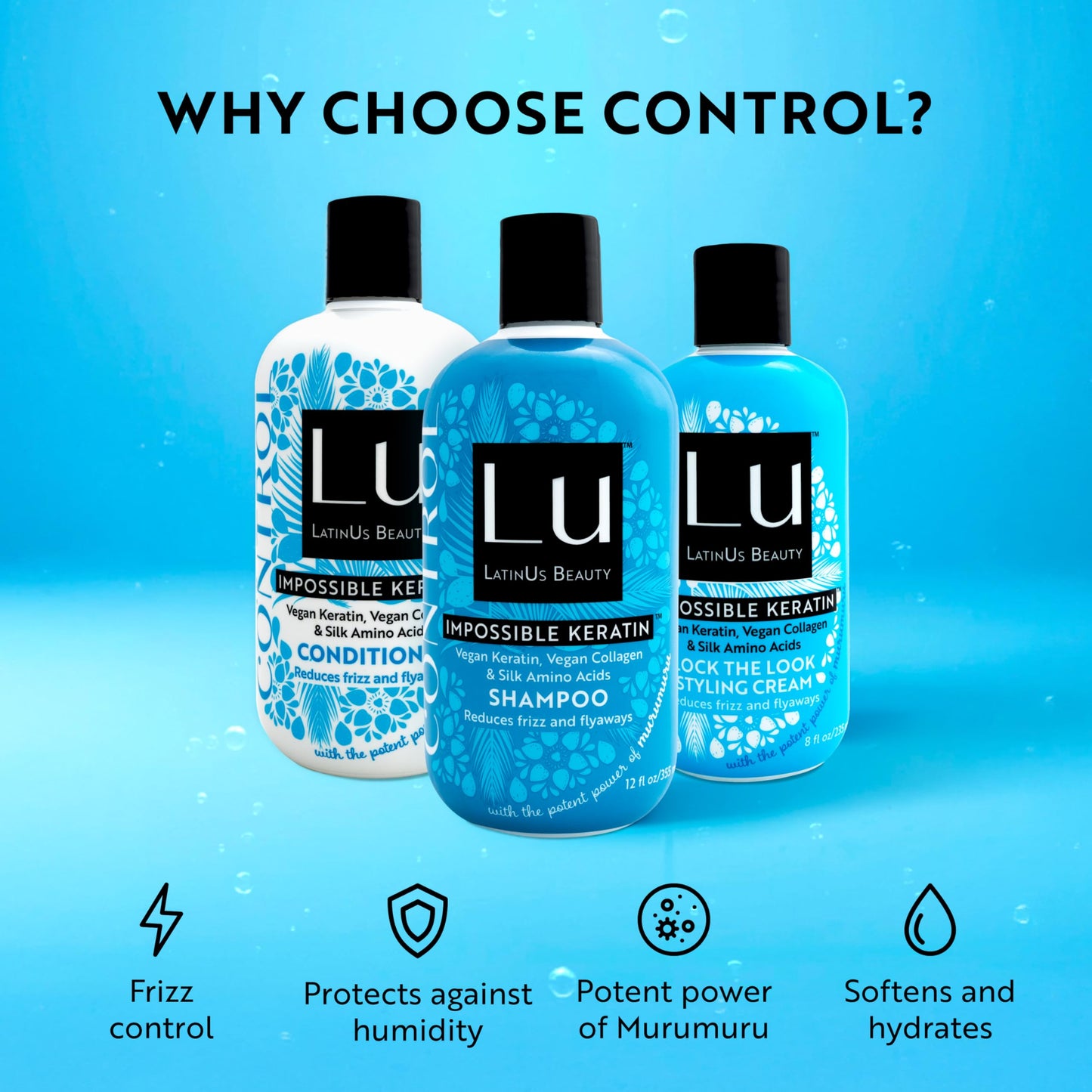 Lu by LatinUs Beauty Control Collection | Anti Frizz Shampoo, Conditioner & Styling Cream with Impossible Keratin™, Murumuru Butter, Cruelty Free Beauty & Personal Care LATINUS