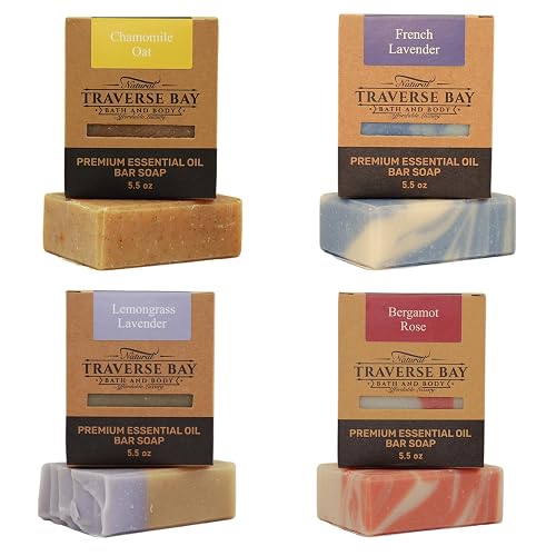 Traverse Bay Bath and Body Natural Cold Process Soap Floral 4-Bar Variety Pack, Chamomile Oat, French Lavender, Lemongrass Lavender, Bergamot Rose 5.5 Beauty & Personal Care Traverse Bay Bath and Body
