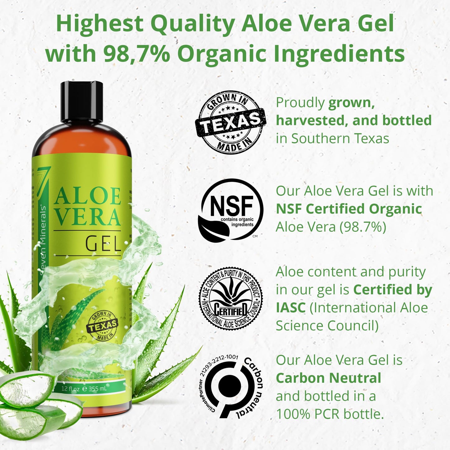 Seven Minerals Aloe Vera Gel with Freshly Cut Pure Organic Aloe - Big 12oz - Texas Grown, HighestQuality, Vegan, Unscented, Non-Sticky - After Sun Beauty and Personal Care Seven Minerals