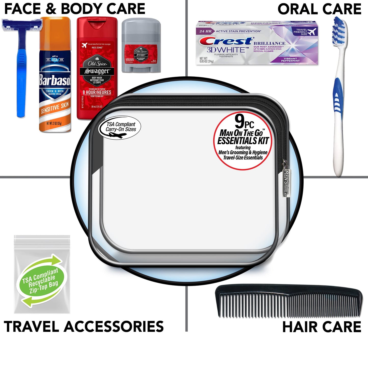 Convenience Kits International Men's Deluxe, 9-Piece Kit with Travel Size TSA Compliant Essentials , Featuring: Old Spice Products in Reuseable Beauty & Personal Care Convenience Kits International