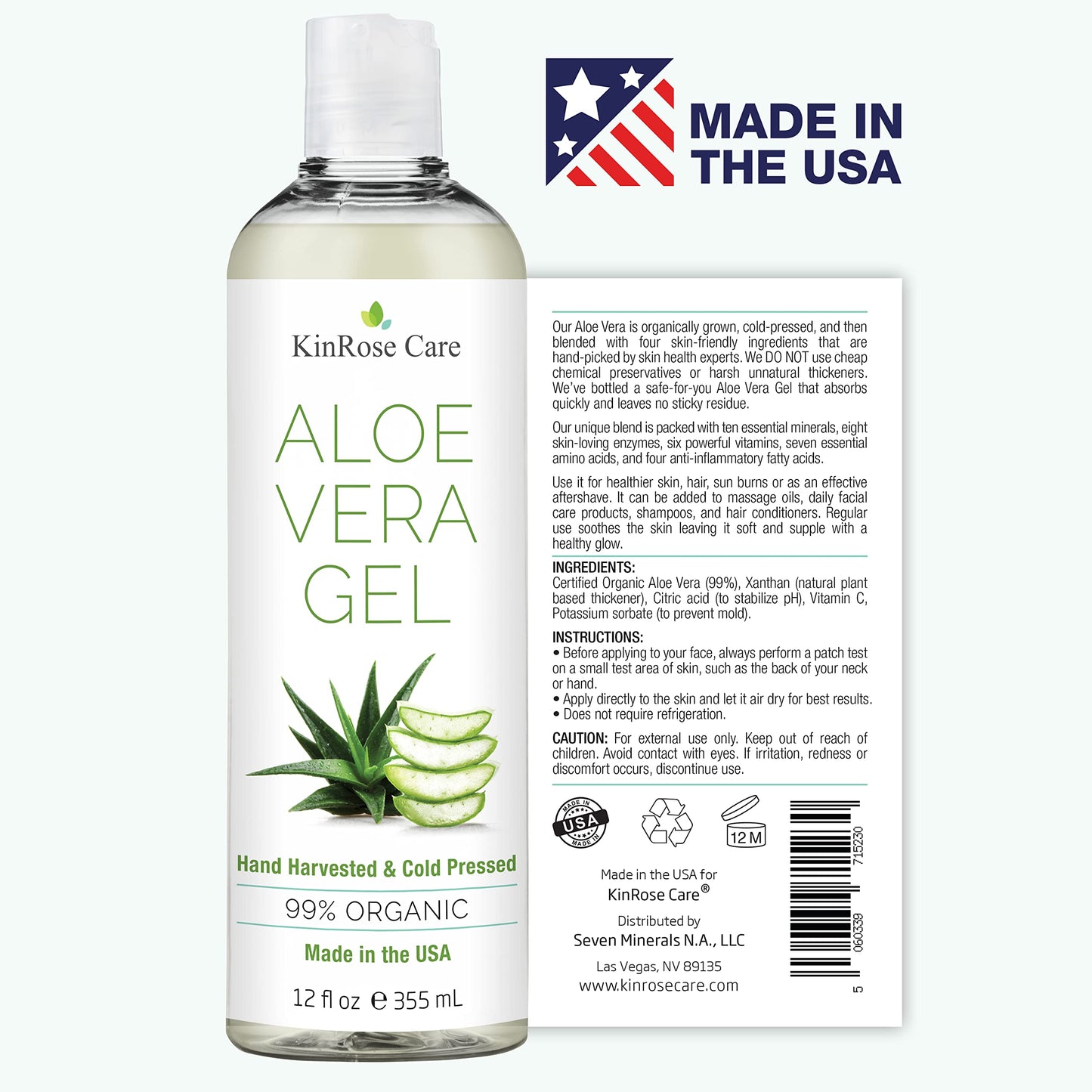 KinRose Care, 12oz Aloe Vera Gel for Face, Skin, Hair & Sunburn Relief - From Pure Organic Aloe Vera (99%) - Cold Pressed, Vegan, Unscented - Made in Beauty and Personal Care KinRose Care