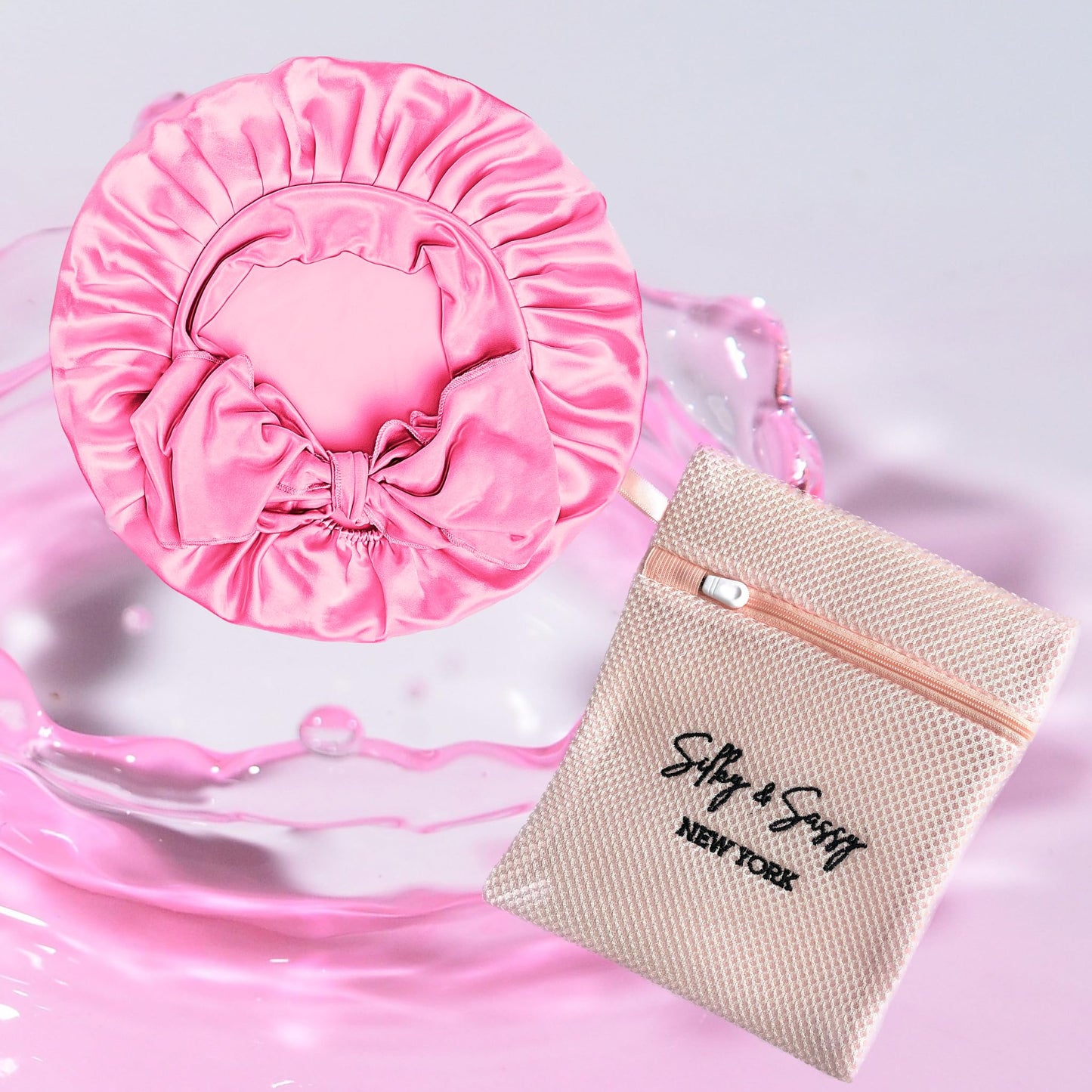 Silky & Sassy Large Satin Bonnet With Laundry Bag - Double Layer Silk Sleep Cap for Women, Curly Hair - Adjustable Tie Band - Pink Beauty & Personal Care Silky & Sassy