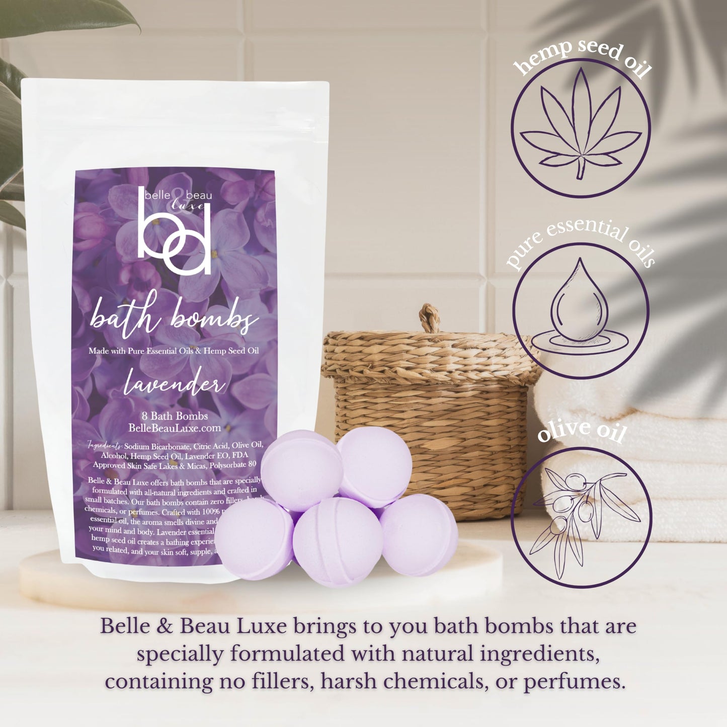 Belle & Beau Luxe Hemp Bath Bombs - Made with Organic Hemp Seed Oil and Pure Essential Oils - 8 Count Beauty and Personal Care BB BELLE & BEAU LUXE