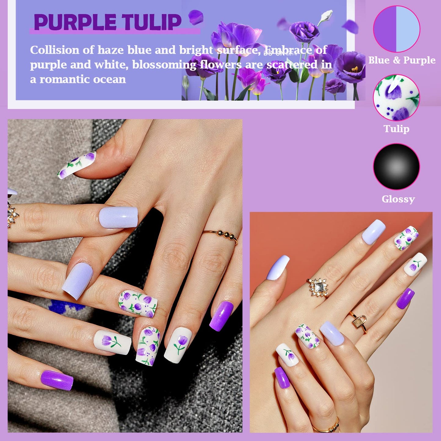 GLAMERMAID Dark Purple Press on Nails Medium Square, Floral Blossom Deep Purple Gel False Nals, Tulip Glue on Nails Kit for Women, Natural Lavender Beauty & Personal Care GLAMERMAID