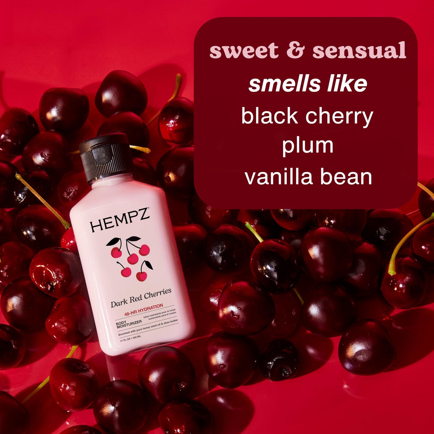 Hempz Cherry Body Lotion, Ultra Hydrating Daily Moisturizer for Dry Skin and Hands, Dark Red Cherries, 17 oz. Beauty & Personal Care Hempz