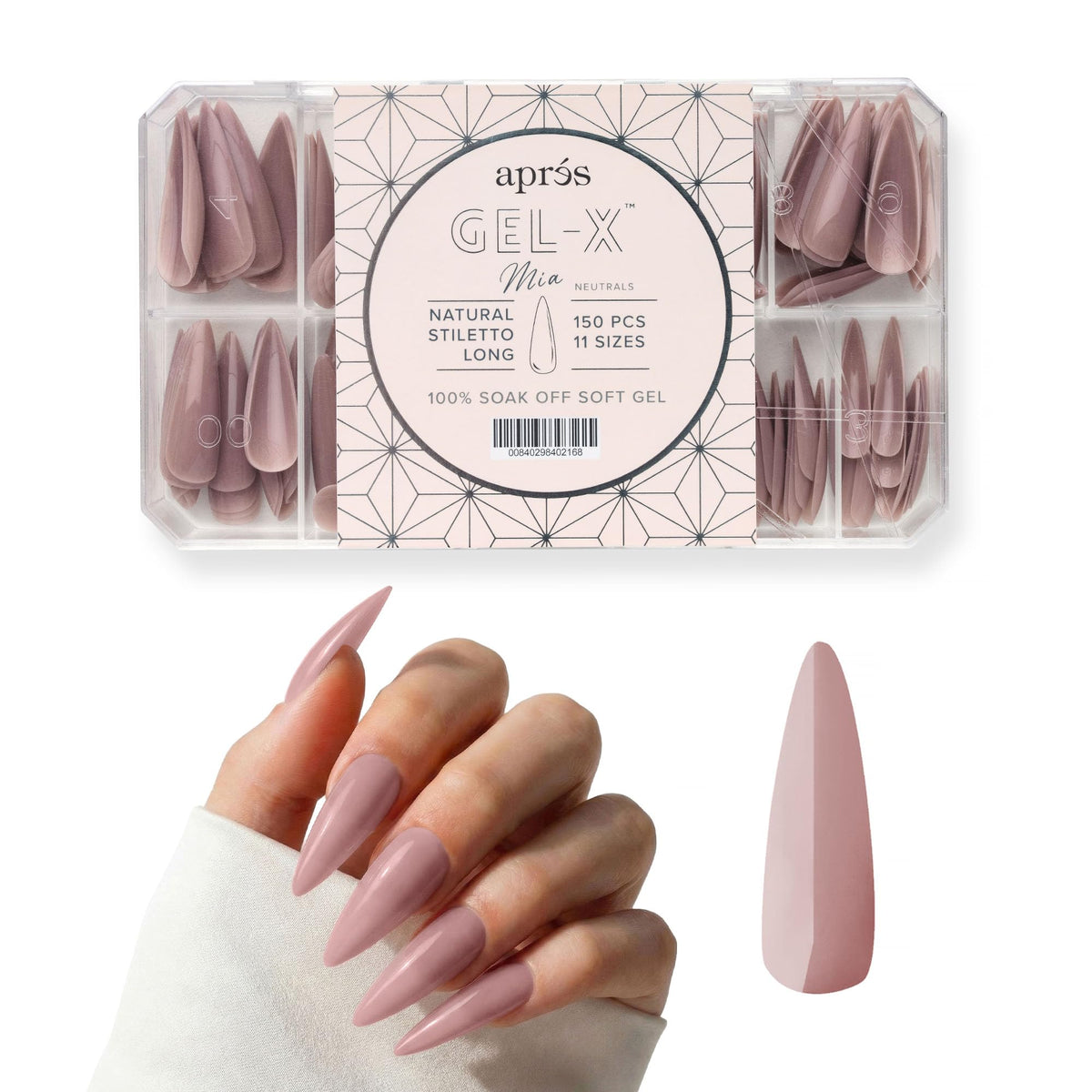 Apres Neutrals Gel-X Mia Box Of Press On Nails, 11 Sizes 00-9, Soft Gel Nail Tip Box (150pcs) (Natural Stiletto Long, 150pcs)