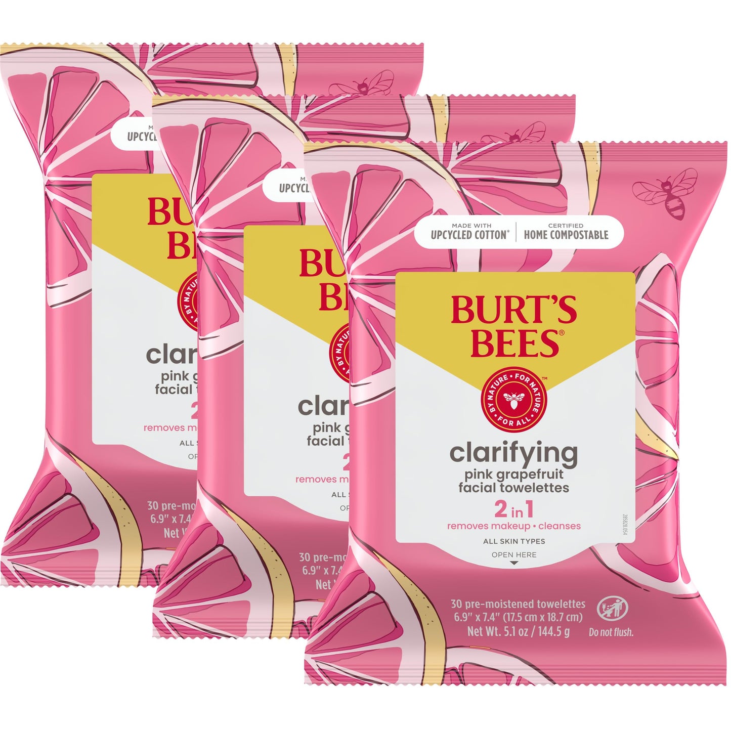 Burt's Bees Pink Grapefruit Face Wipes, for All Skin Types, Hydrating Makeup Remover & Facial Cleansing Towelettes, 30 Ct. (3-Pack) Beauty & Personal Care Burt's Bees