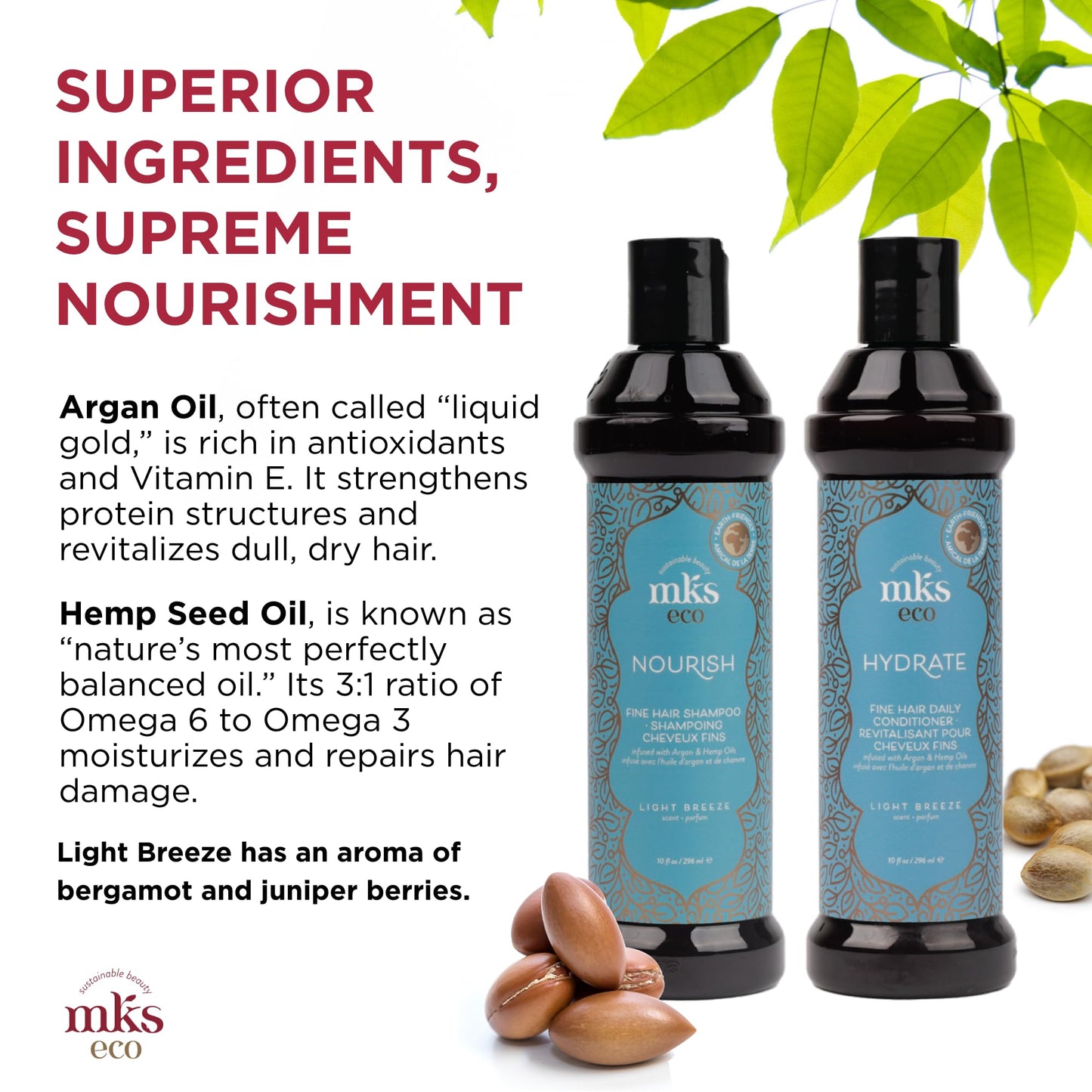 MKS eco Nourish Shampoo for Fine Hair, Light Breeze (10 fl oz) + MKS eco Hydrate Conditioner for Fine Hair, Light Breeze (10 fl oz) - Moroccan Argan Beauty & Personal Care Earthly Body