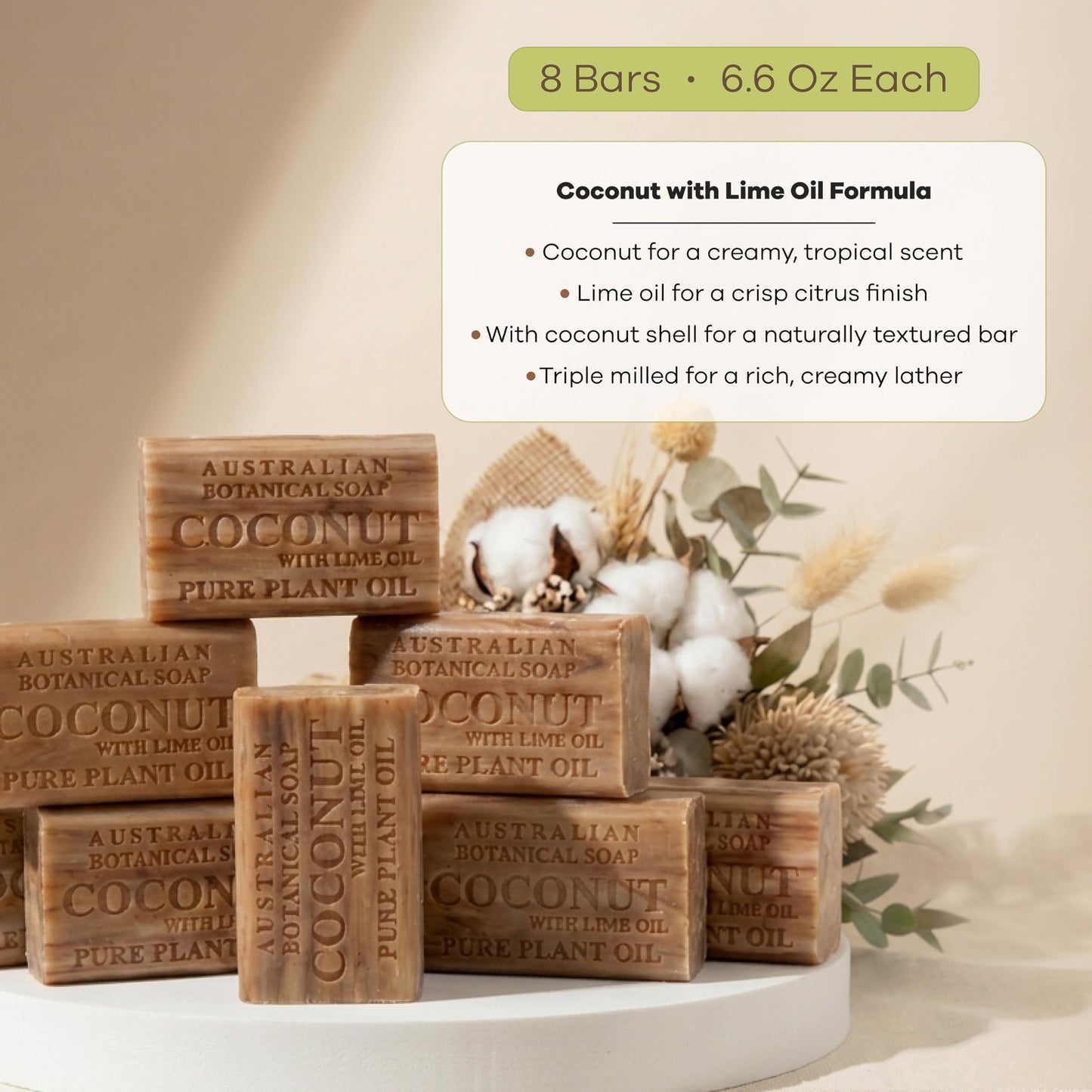Australian Botanical Soap, 6.6 OZ, Coconut and Lime Oil, Triple Milled Bars made with a Natural Soap Base and Enriched with Organic Shea Butter, Pack Beauty & Personal Care Australian Botanical Soap