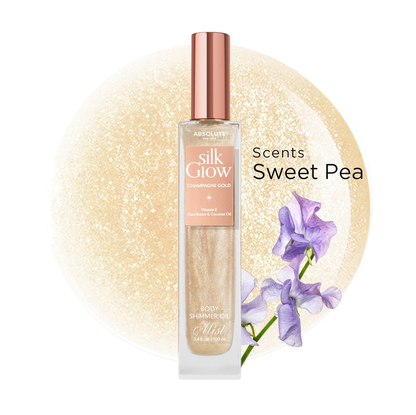 Absolute New York - Silk Glow Shimmer Mist Glow, Radiant, Shimmer Body & Face & Hair, Shea Butter, Coconut Oil, Vitamin E (SBGS03 Champagne Gold Mist Beauty & Personal Care Absolute New York