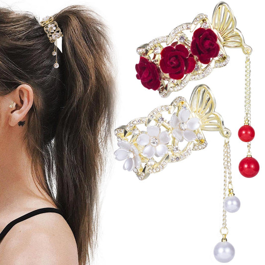 HINZIC 2pcs High Ponytail Hair Claw Clips, 2inch Rose Crystal Rhinestone Hair Clips Vintage Barrettes Cuff Chinese Hair Accessories for Thick Long Beauty & Personal Care HINZIC