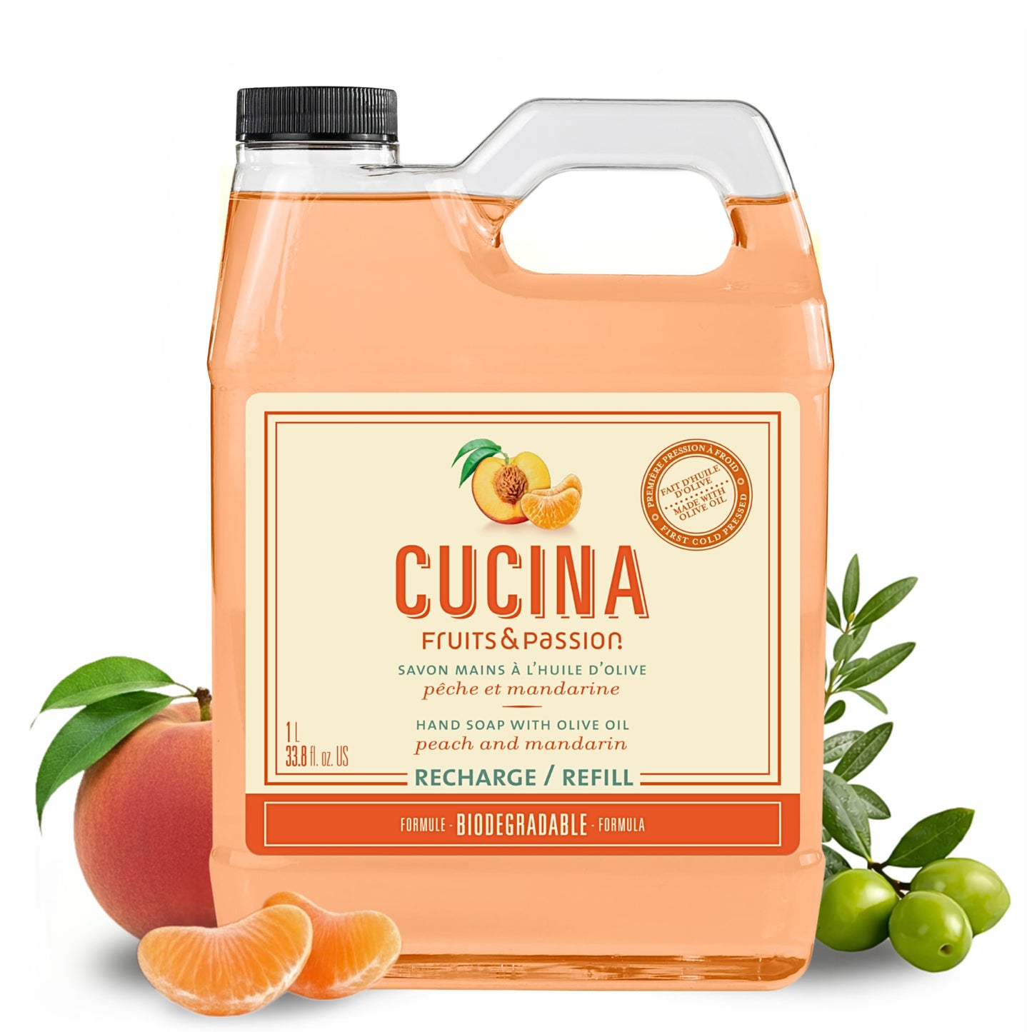 Cucina Fruits & Passion Hand Soap Refill, Peach & Mandarin, 1 L (33.8 fl oz), Liquid Hand Soap with Moisturizing Olive Oil, Biodegradable, Vegan Beauty & Personal Care Cucina